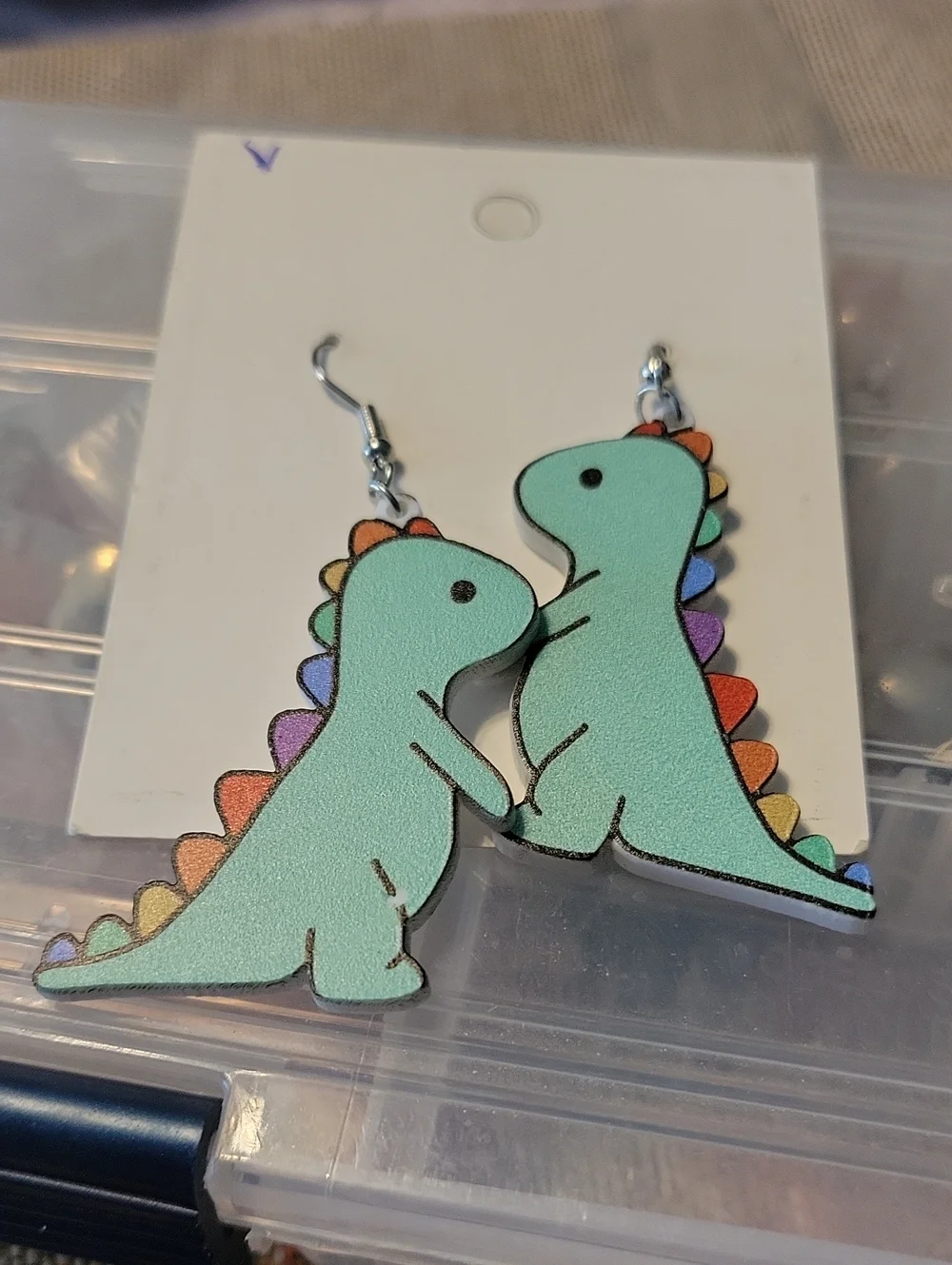 Cute Mint Dinosaur Kids Earrings with Rainbow Spikes